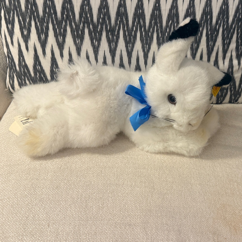 Vintage Steiff Hoppel White Plush Bunny with Blue Bow NWT
